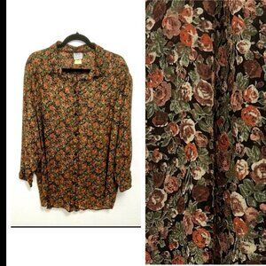 Vintage 80s David Alan Brown Dark Floral Chiffon Button Up Blouse Shirt Size 20W